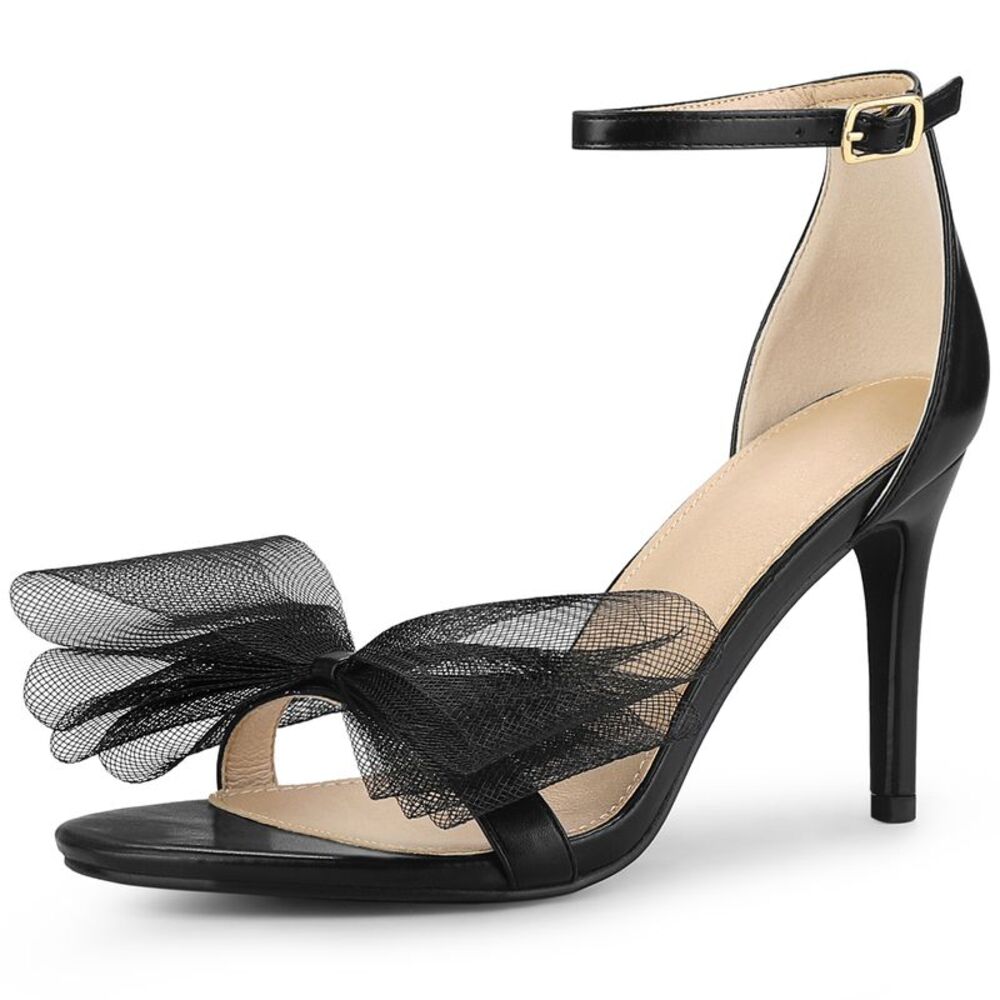 Open Toe High Heels Ankle Strap Bow Tie Black Stiletto Heel Sandals